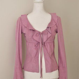 Pink Ultrasuede Ruffle Neck Tie Front Jacket